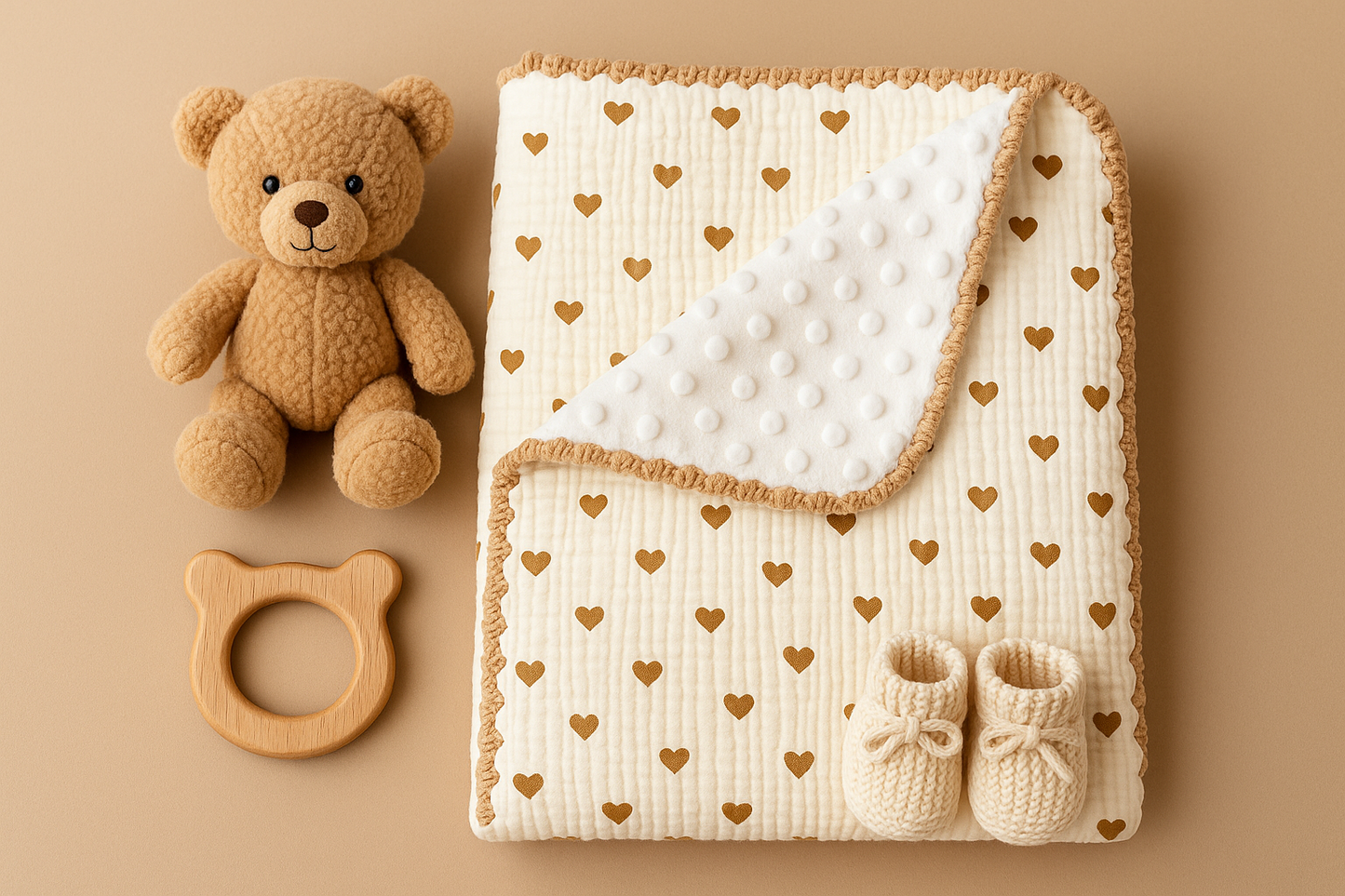 Couverture bébé motif cœurs dorés sur fond beige doux