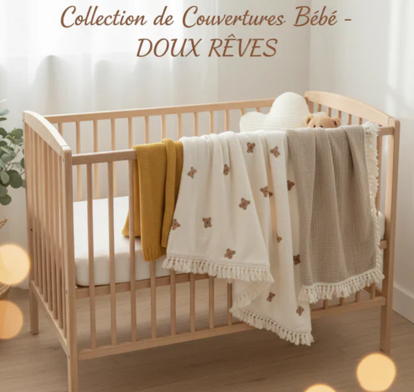 Collection de couvertures bĂ©bĂ© Doux RĂȘves sur lit en bois