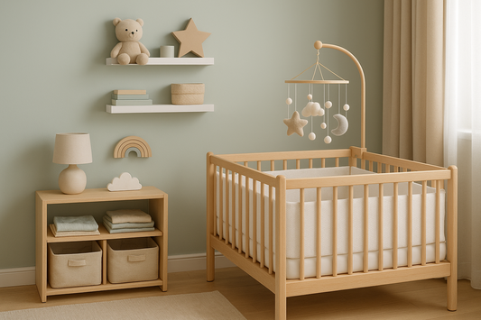 Chambre de bébé parfaite style scandinave avec lit en bois, tour de lit respirant, mobile, éclairage doux et rangements organisés