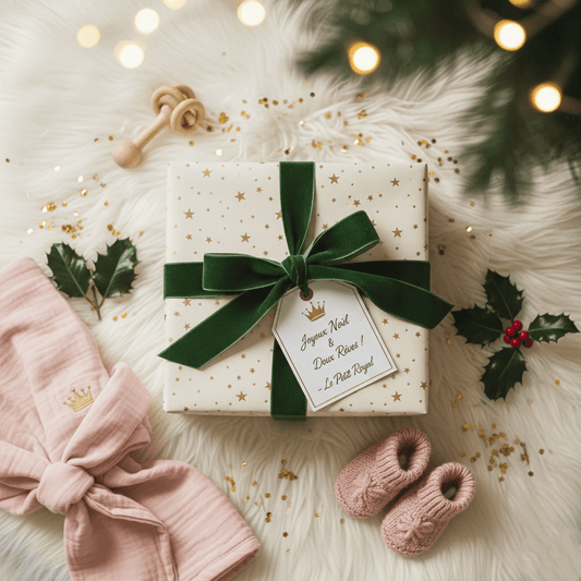 Cadeau de Noël Le Petit Royal avec ruban vert, accessoires bébé et décorations festives