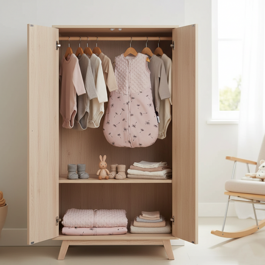 Armoire bébé avec turbulette rose suspendue et vêtements rangés
