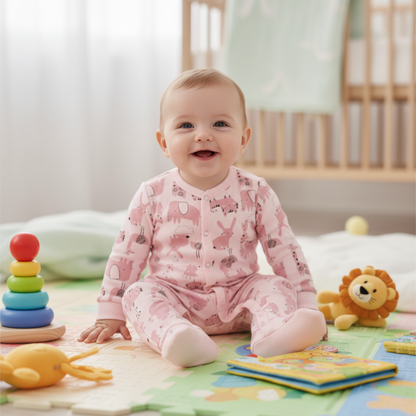 Bébé assis en barboteuse rose jouant avec jouets colorés