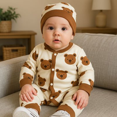 Bébéc mignon porte une grenouillère et un bonnet à motifs d'oursons marron.
