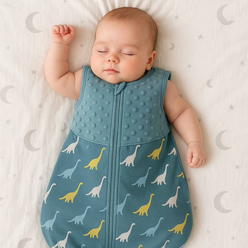 Bébé dormant paisiblement dans gigoteuse bleue motifs dinosaures colorés doux