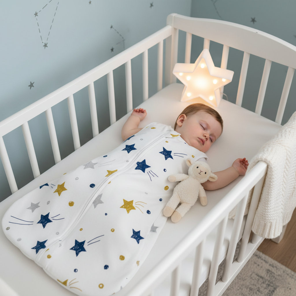 Bébé dort paisiblement dans gigoteuse étoilée blanche lit à barreaux