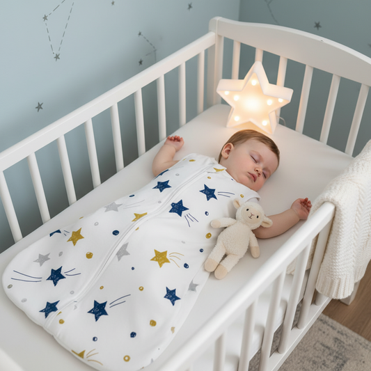 Bébé dort paisiblement dans gigoteuse étoilée blanche lit à barreaux