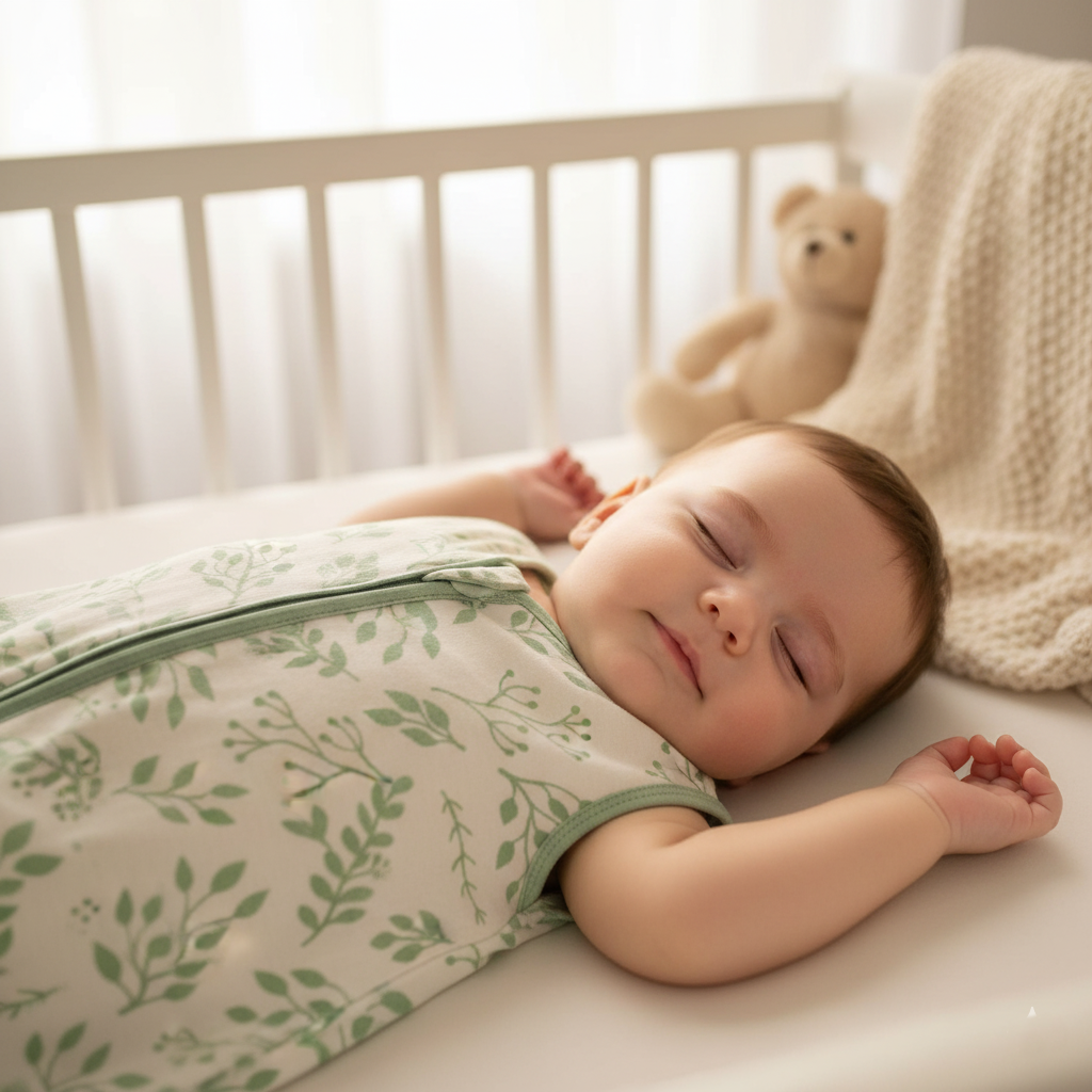 Bébé endormi paisiblement dans gigoteuse coton bio motif feuilles vertes