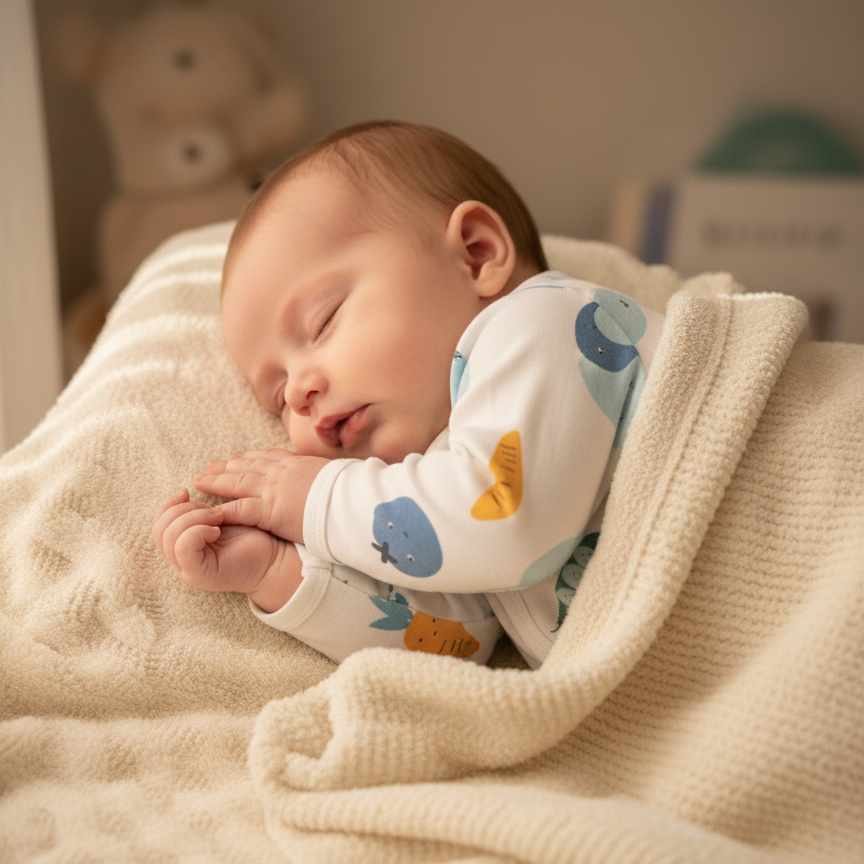 Bébé endormi portant barboteuse blanche motifs légumes colorés