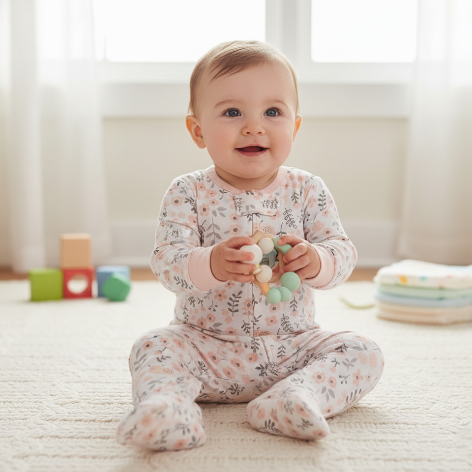 Bébé fille souriant en grenouillère rose à motifs floraux - Pyjama confortable 0-9 mois