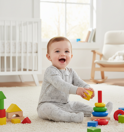 Bébé heureux jouant avec grenouillère grise à motifs moutons - tissu doux et confortable