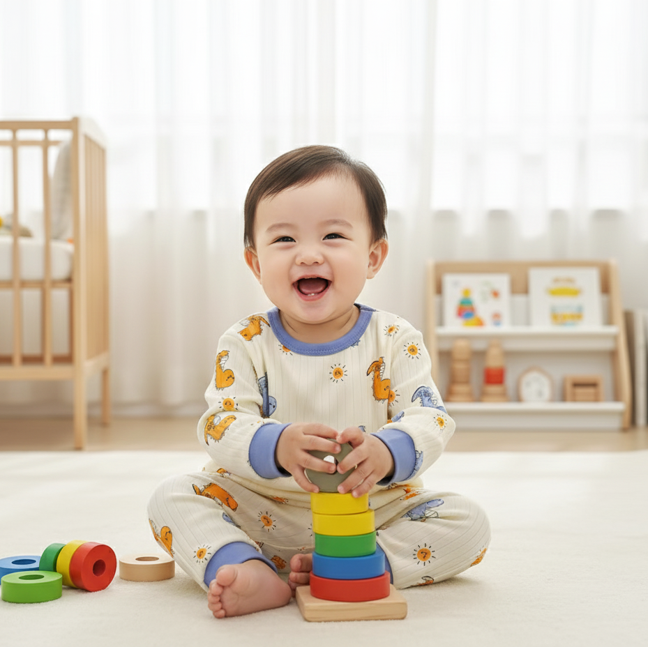 Bébé heureux jouant avec pyramide colorée en pyjama dinosaures blanc