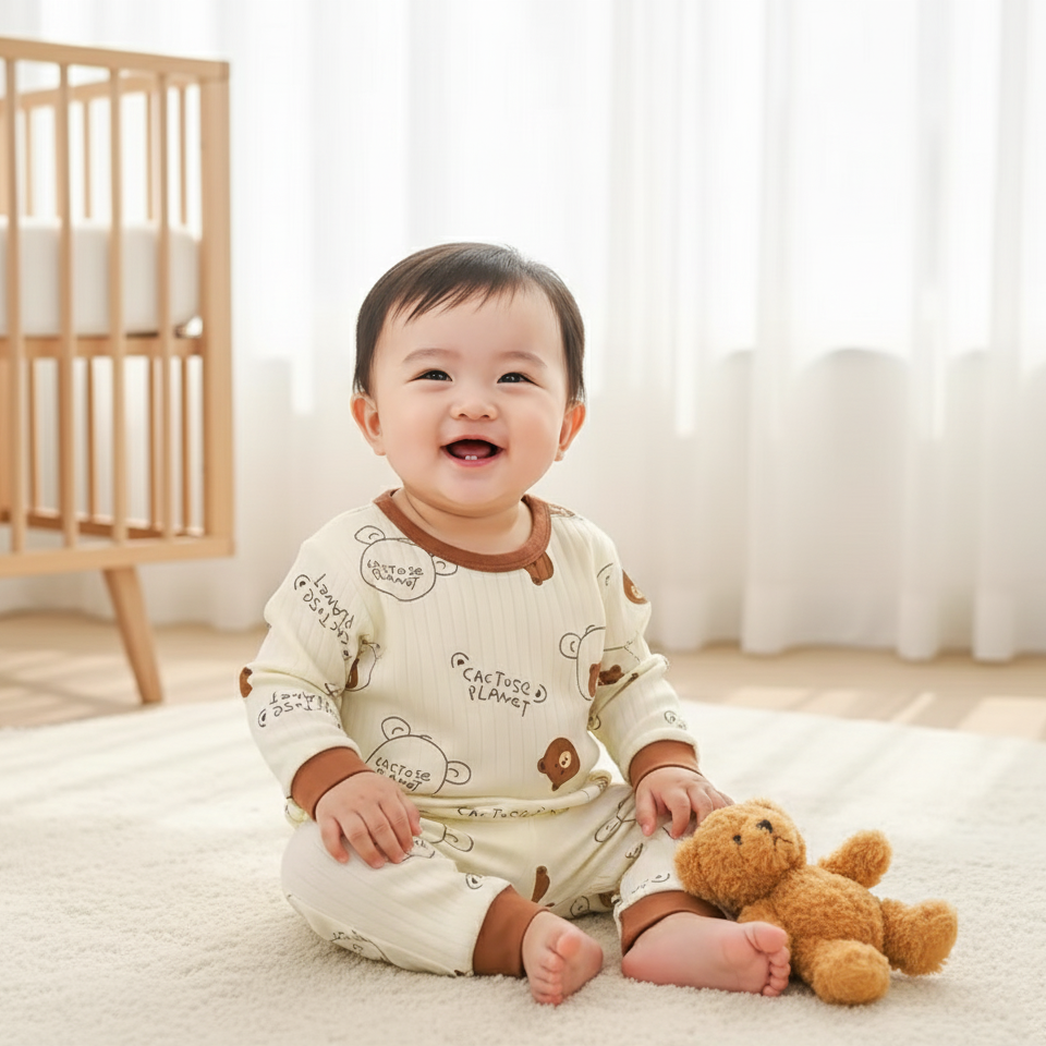 Bébé joyeux assis en pyjama oursons bruns avec nounours peluche