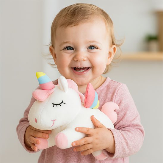 Bébé joyeux tenant peluche licorne blanche douce avec crinière arc-en-ciel
