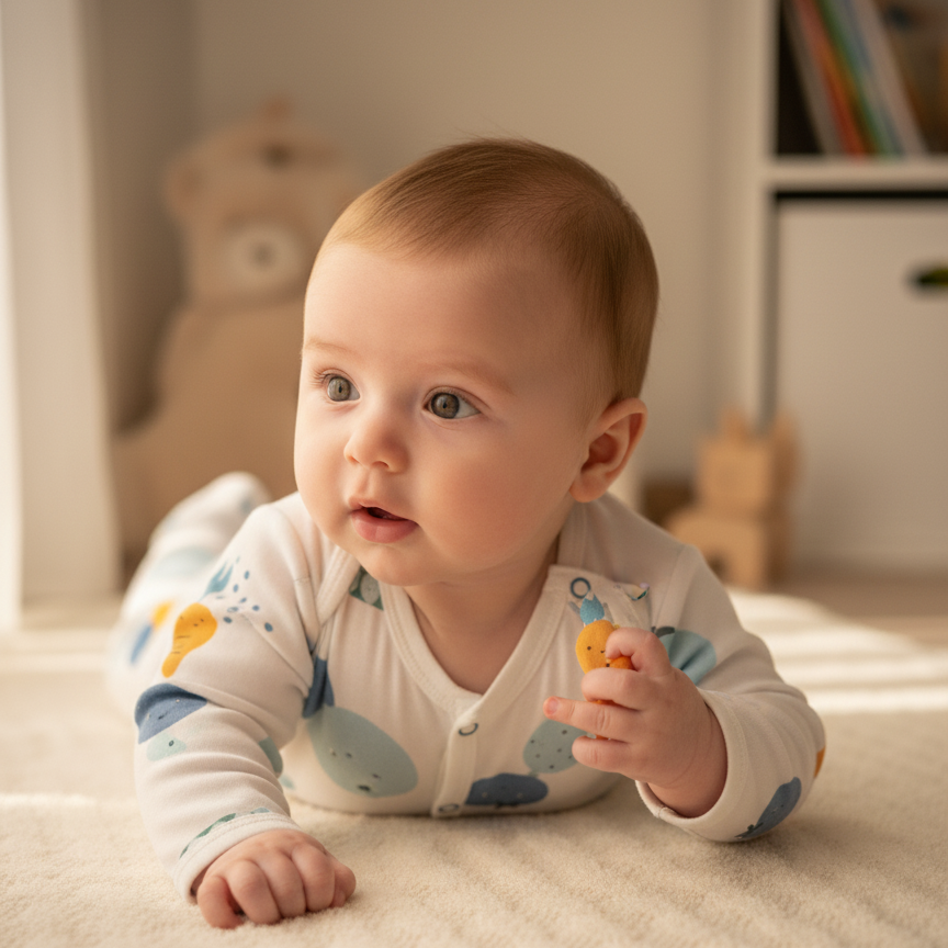  Bébé souriant allongé portant barboteuse motifs légumes colorés