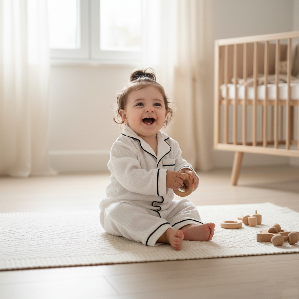 Bébé souriant assis par terre en pyjama blanc avec jouets
