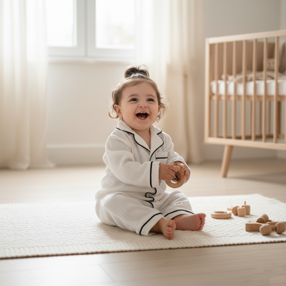 Bébé souriant assis par terre en pyjama blanc avec jouets