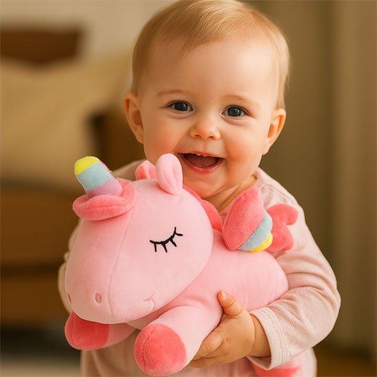 Bébé souriant câlinant  peluche licorne rose douce et colorée