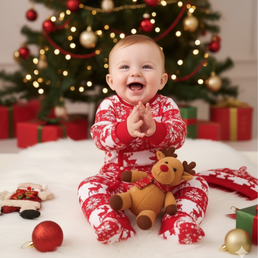 Bébé souriant en pyjama Noël, applaudit devant sapin et jouet renne.