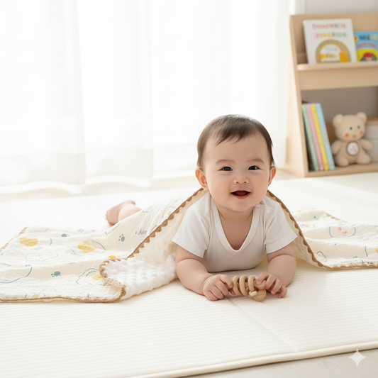 Bébé souriant jouant sur couverture motif œufs fantômes avec hochet en bois dans chambre lumineuse