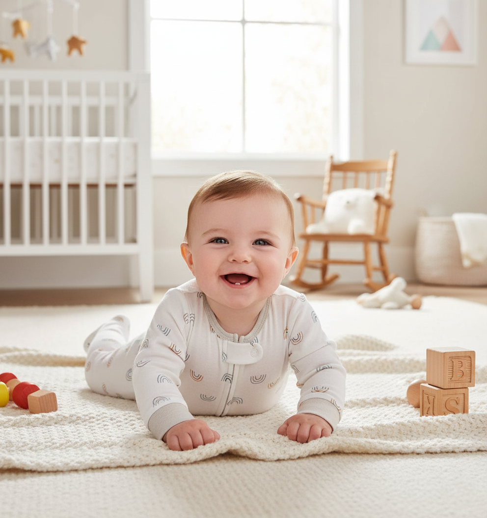 Bébé souriant portant grenouillère blanche à motifs arcs-en-ciel - confort et liberté de mouvement