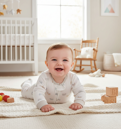Bébé souriant portant grenouillère blanche à motifs arcs-en-ciel - confort et liberté de mouvement