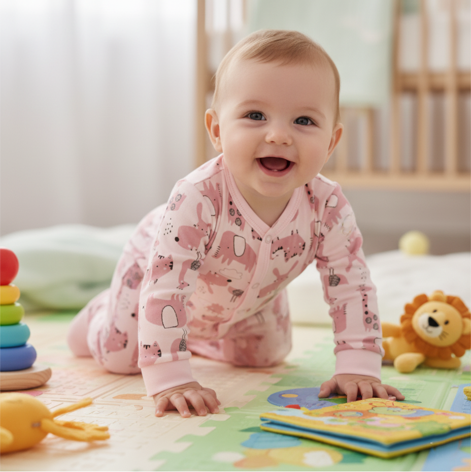 Bébé souriant à quatre pattes en barboteuse rose motifs