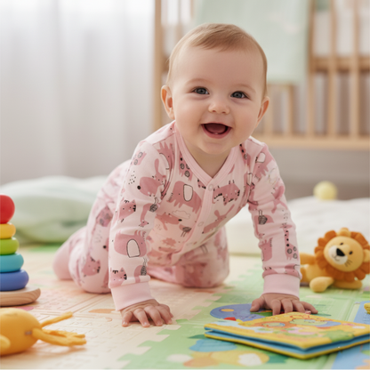 Bébé souriant à quatre pattes en barboteuse rose motifs