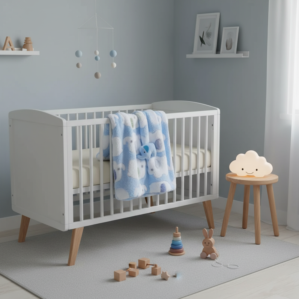 Chambre bébé moderne avec berceau blanc et couverture bebe bleue à motifs, ambiance apaisante