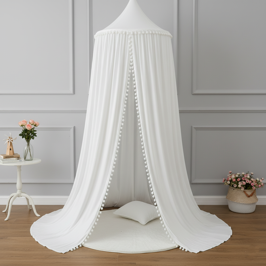 Ciel de lit Blanc Avec Pompons. Tente de jeu dans une chambre moderne.