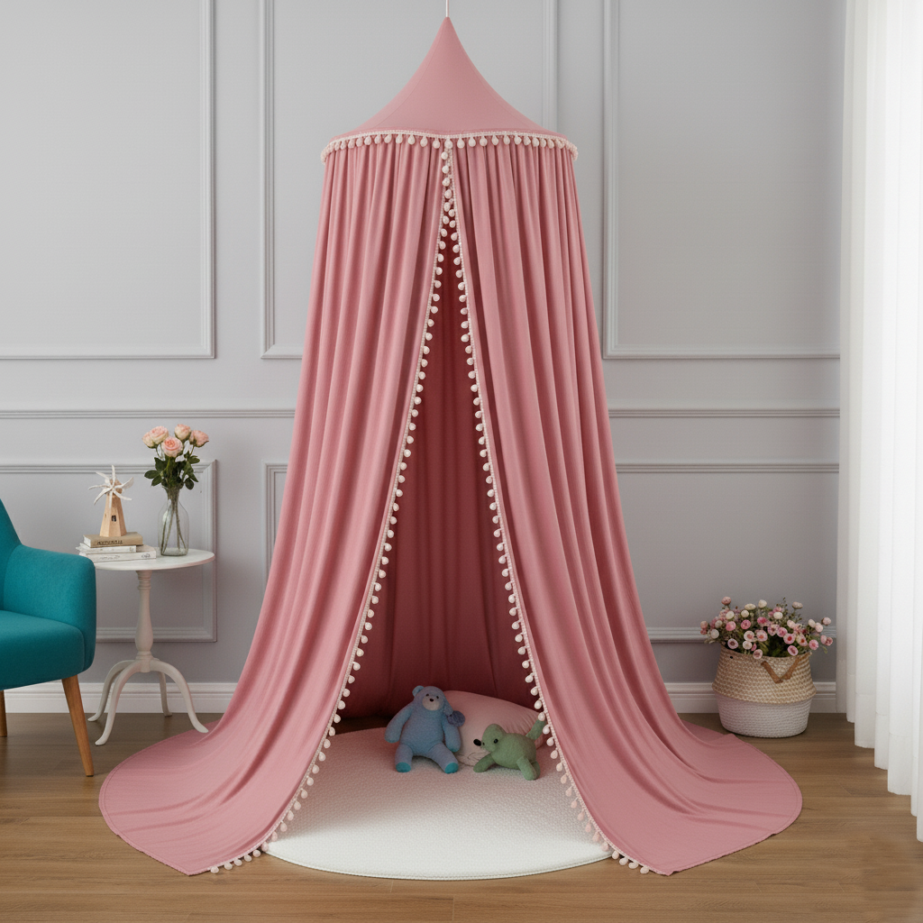 Ciel de lit Rose Avec Pompons. Tente de lecture ou cabane pour enfants.