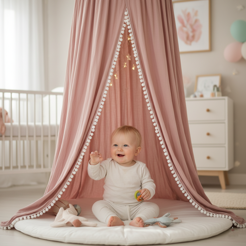 Ciel de lit Rose avec Pompons. Bébé souriant joue dans la tente.