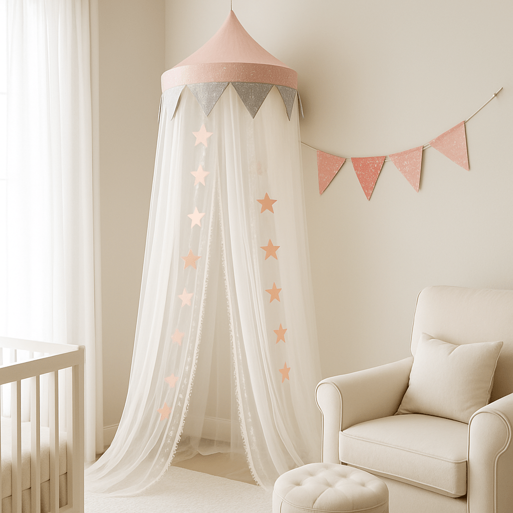 Ciel de lit rose pâle avec étoiles dorées coin lecture chambre bébé