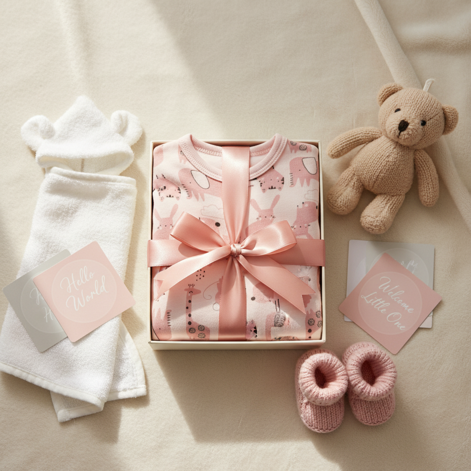 Coffret cadeau barboteuse rose avec ruban, chaussons et peluche