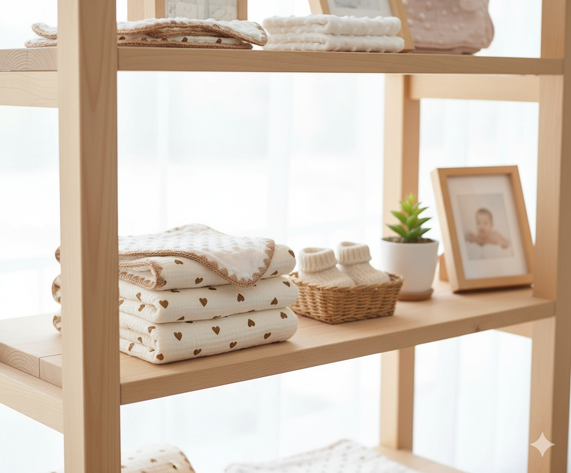 Collection couvertures bébé motif cœurs dorés pliées sur étagère en bois avec chaussons et cadre photo