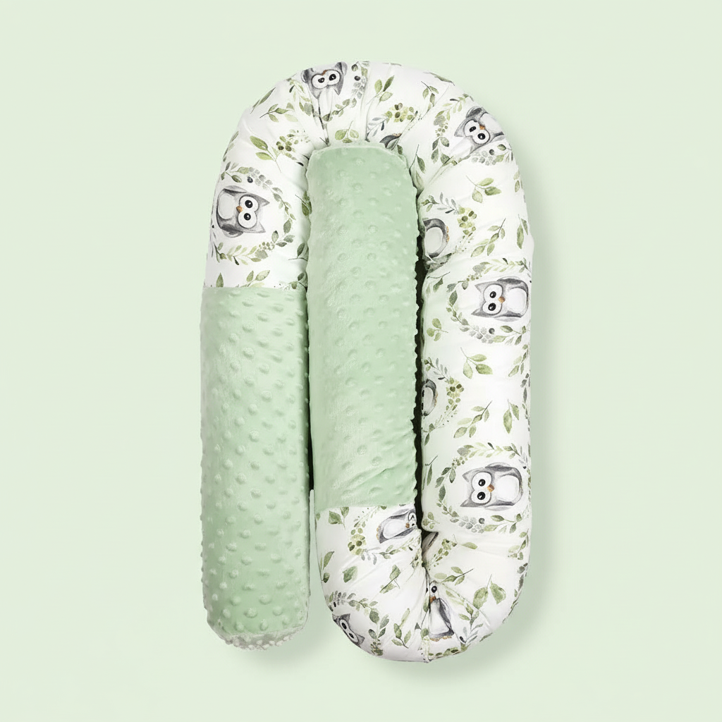 Coussin de lit bébé hibou, fond vert très clair
