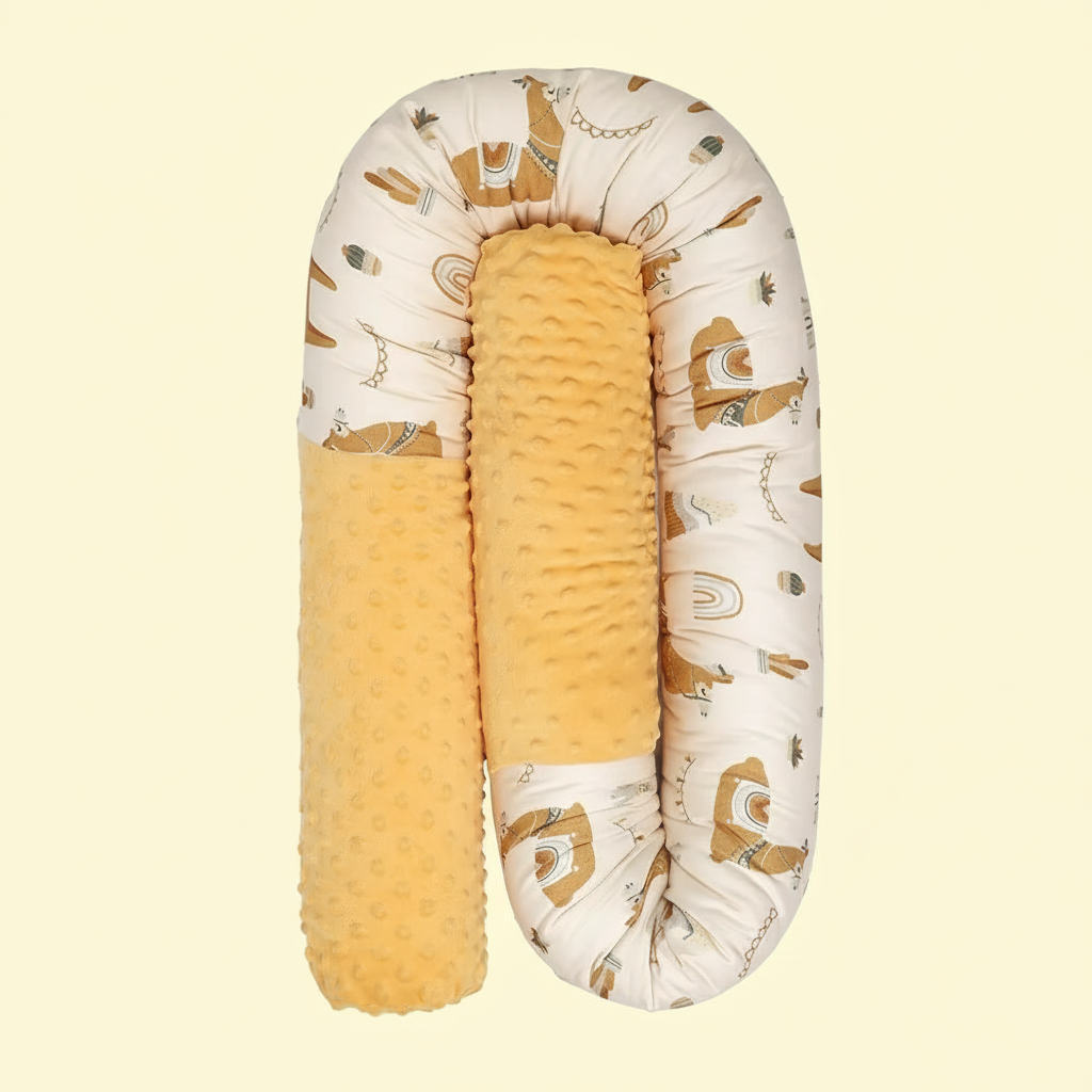 Coussin de lit bébé lama, fond jaune très clair
