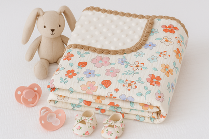 Couverture bébé motif fleurs et fraises délicates vintage