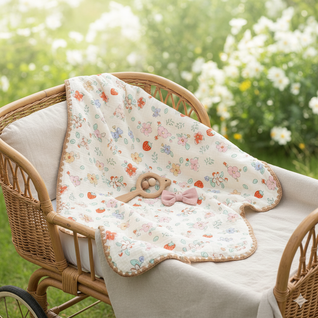 Couverture bébé motif fleurs et fraises sur fauteuil en rotin dans jardin fleuri avec hochet en bois