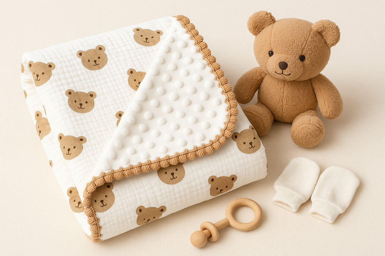 Couverture bébé motif oursons dorés sur fond crème