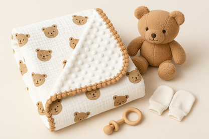 Couverture bébé motif oursons dorés sur fond crème