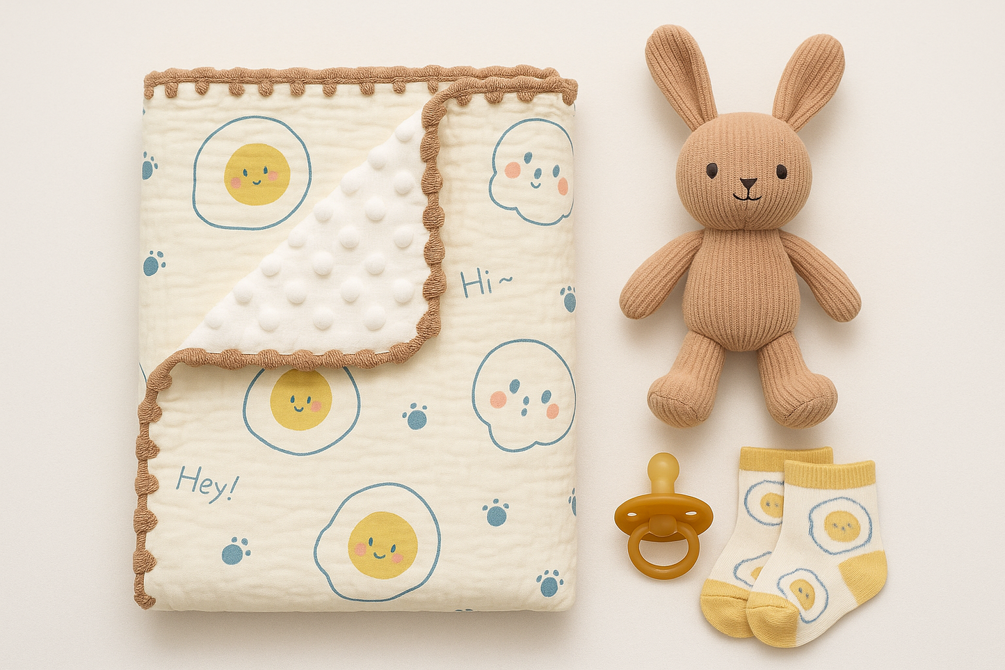 Couverture bébé pliée motif œufs fantômes kawaii avec finition crochet beige dans berceau en bois