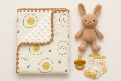 Couverture bébé pliée motif œufs fantômes kawaii avec finition crochet beige dans berceau en bois