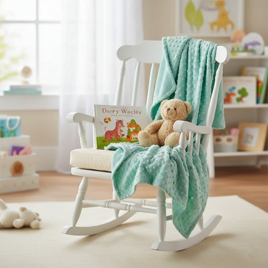 Couverture bébé verte  sur chair blanc avec ours en peluche