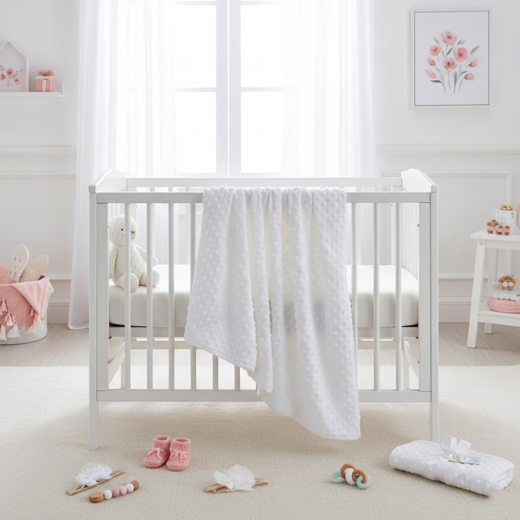 Couverture bebe blanche minky suspendue sur lit de bébé gris dans nursery lumineuse