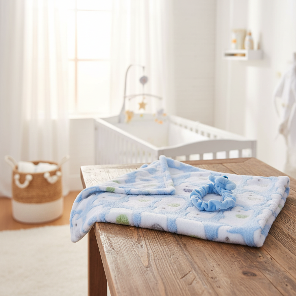 Couverture bebe bleu pliée avec chouchou assorti dans chambre