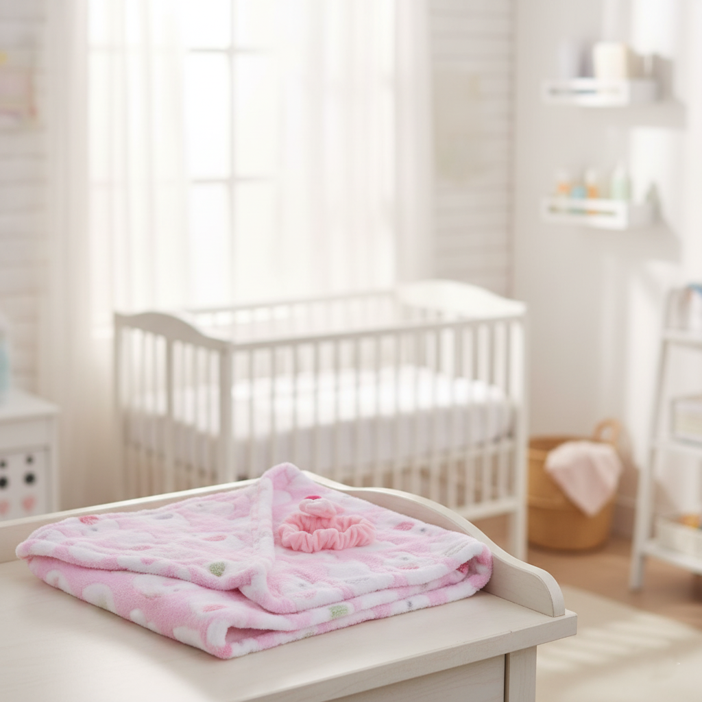 Couverture bebe rose pliée avec chouchou assorti dans chambre