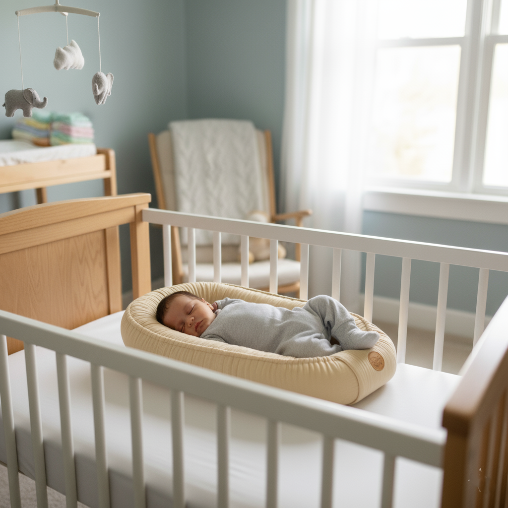 Description du bébé dormant dans réducteur de lit bébé beige dans berceau