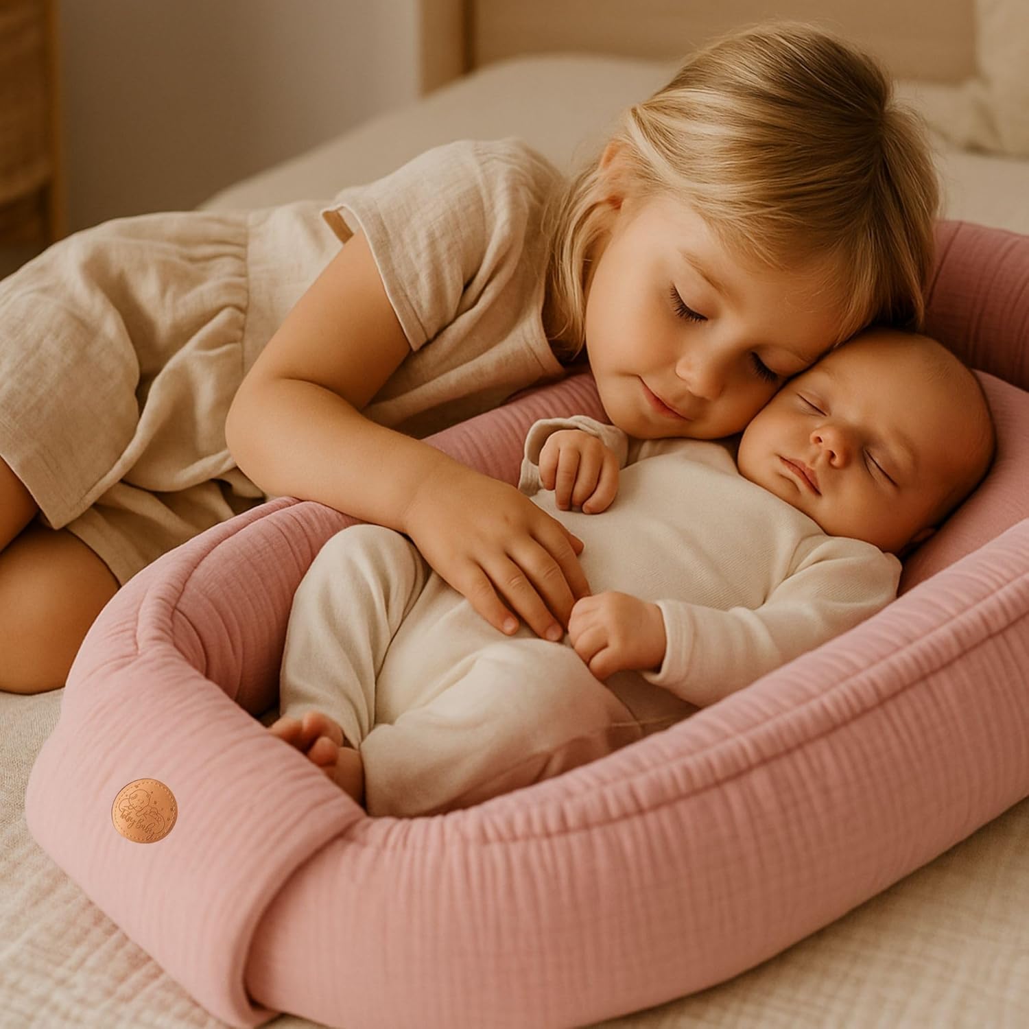 Description du moment tendre entre fille et bébé avec réducteur de lit bébé rose