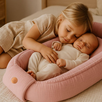 Description du moment tendre entre fille et bébé avec réducteur de lit bébé rose