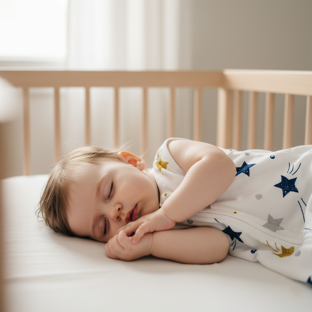 Enfant endormi confortablement gigoteuse motifs étoiles filantes lit en bois